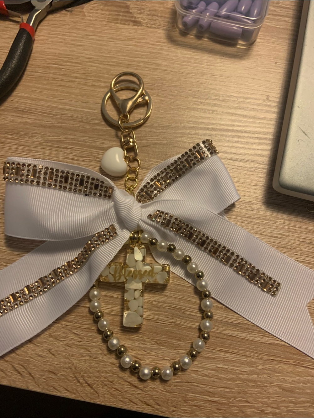 White Ribbon Cross Charm Keychain with Pearl Beads